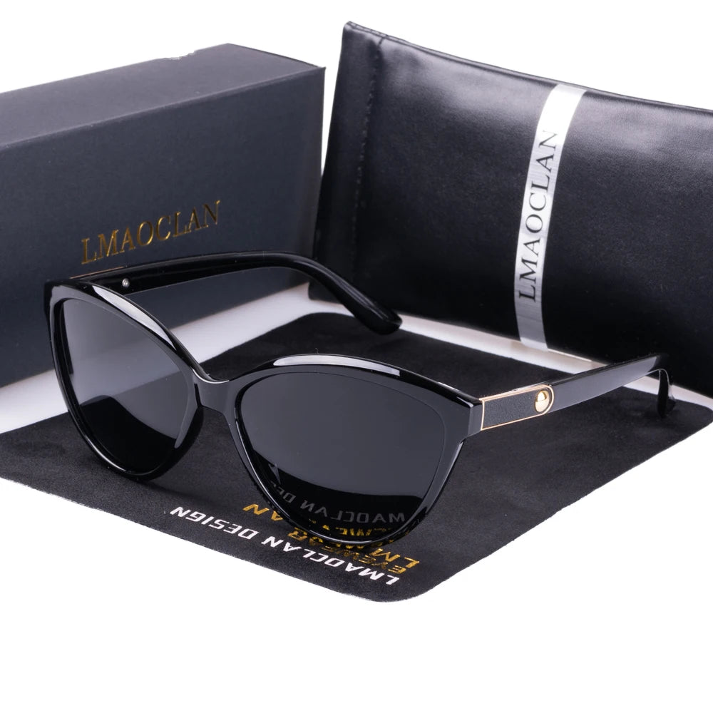 Cat Eye Polarized Sunglasses with Mirrored Lenses - Black