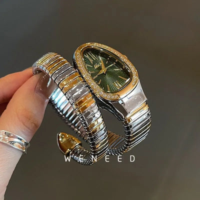 Gilded Crystal Snake Bangle Watch with Diamond Rim