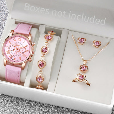 Heart Charm Watch Set With Rhinestone Jewelry Gemstone