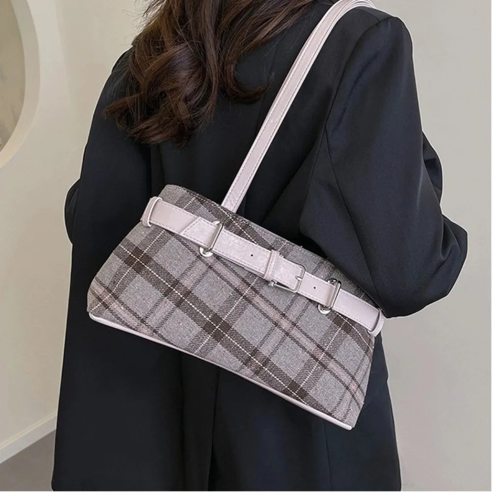 Plaid Shoulder Bag with Belt Strap Bell Charm