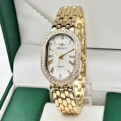 Oval Diamond Encrusted Watch with Roman Numeral Dial