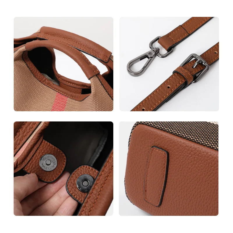 Plaid Canvas Tote With Top Handle And Removable Strap